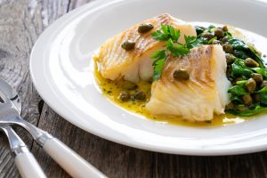 Fish,Dish,-,Fried,Cod,With,Spinach,And,Capers,In