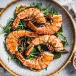 Salad,With,Grilled,Giant,Shrimps,Prawns,In,Plate.,Gray,Background.